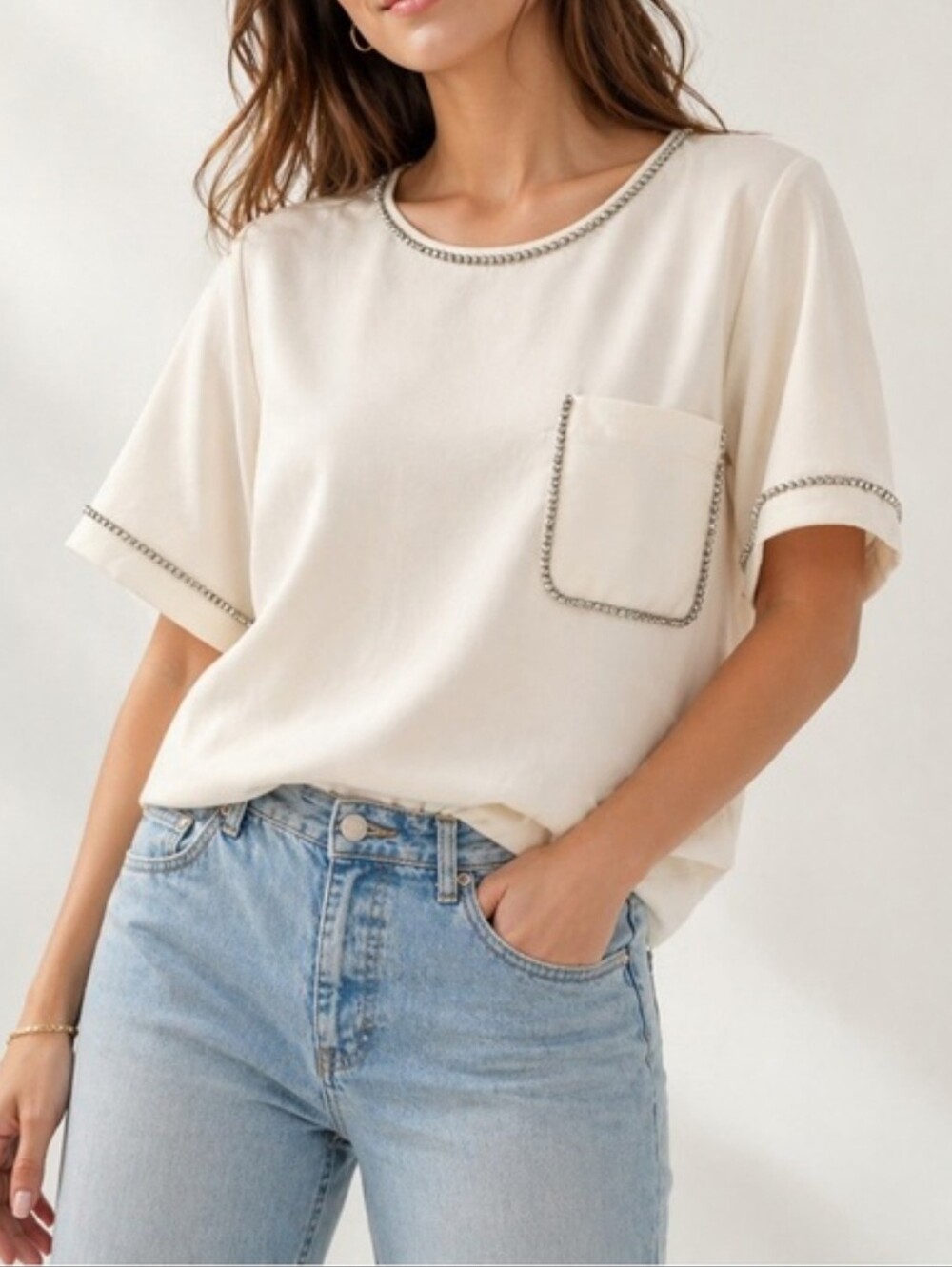 LOFT Cream Short Sleeve Top with Rhinestone Trim and Pocket Women’s Medium - NWT